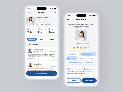 Doctor's Profile of Mobile App | HomeCare animation appointment blue buttons care comment doctor doctors detail screen feedback screen grey health health care logo med visit medics mobile app ratings tags ux ui