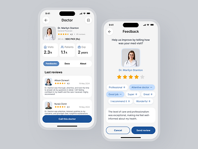 Mobile App | HomeCare animation appointment blue buttons care comment doctor doctors detail screen feedback screen grey health health care logo med visit medics mobile app ratings tags ux ui