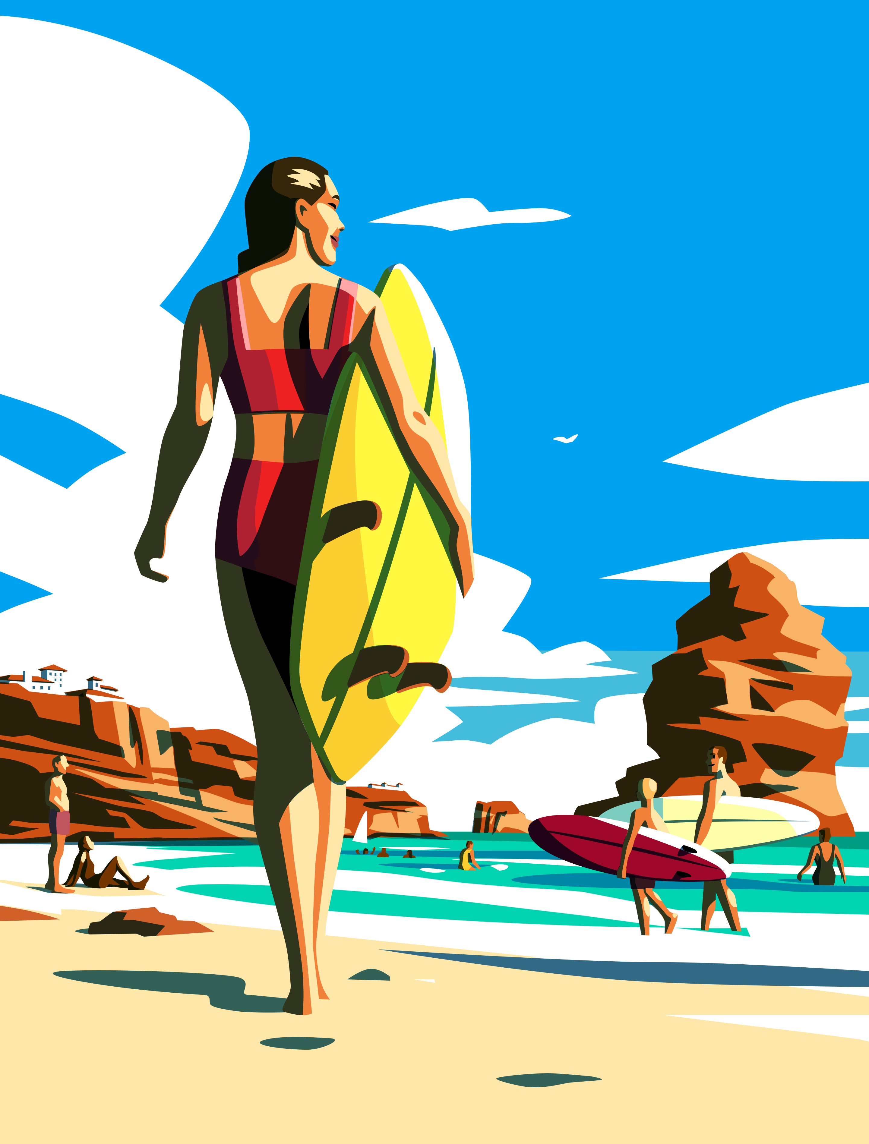 Portugal: A Monocle Handbook active colourful flat holiday illustration lifestyle monocle portgual surf surfer surfing travel vector waves woman