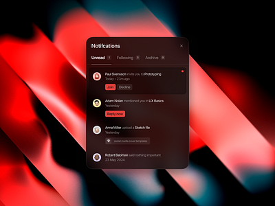 Notification Panel app blur clean dark design desktop nofification panel red ui ux
