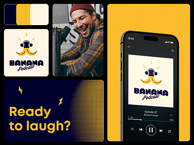 Banana Podcast Show Logo banana banner black branding concept design drawn graphic design identity illustration image logo podcast retro yellow
