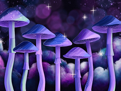 Magic Mushrooms art creative drawing graphics illustration magic mushroom mystical night procreate psilocybin psychedelic purple shrooms