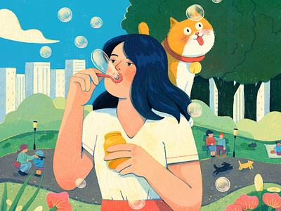 Bubble Bliss bubble cat character city girl illustration lady nature outdoor park people play tree uran