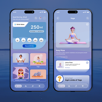 Wellness App calm figma meditationapp uidesign uitrends userinterface uxdesign waterreminder wellnessapp wireframe yogaapp