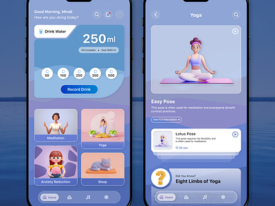 Wellness App calm figma meditationapp uidesign uitrends userinterface uxdesign waterreminder wellnessapp wireframe yogaapp