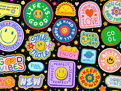 Cool Groovy Seamless Pattern. Y2k Hand Drawn Stickers Collage 90s abstract art character cool cute emoji flower funny groovy hand drawn hippie love patch pattern pop retro smile sticker y2k