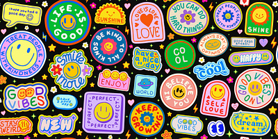 Cool Groovy Seamless Pattern. Y2k Hand Drawn Stickers Collage 90s abstract art character cool cute emoji flower funny groovy hand drawn hippie love patch pattern pop retro smile sticker y2k