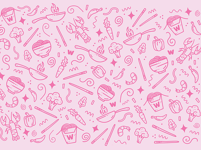 Iconography doodles - Wok Works asian cuisine broccoli chop sticks food iconography icons illustration ingredients lobster menu design noodles pink rice shrimp vegetables wok