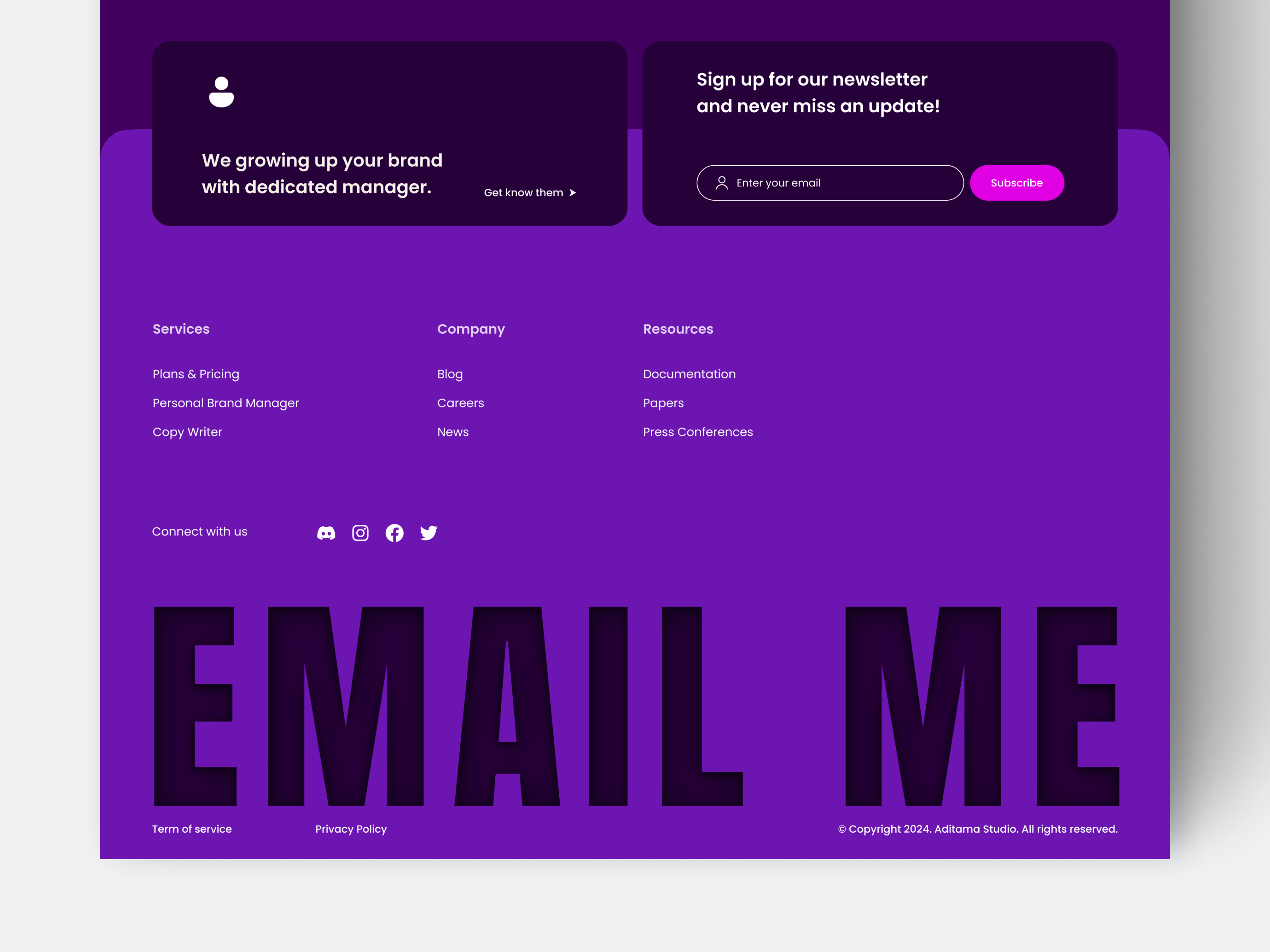 #5 Footer - Purple Bold Minimalism with Bevel Text bevel text bold purple brand identity contemporary creative element figma footer footerdesign freedownload template typography ui user interface vibrant color visual design website website design