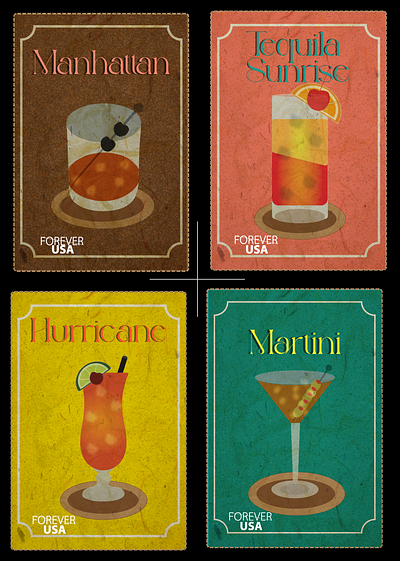 USA Themed Stamps: Popular Cocktails branding illustration illustrator stamp design