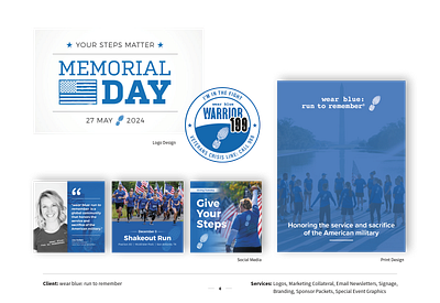 wear blue: run to remember branding creative design email newsletter event graphics event signage graphic design logo design marketing military nonprofit posters social media design