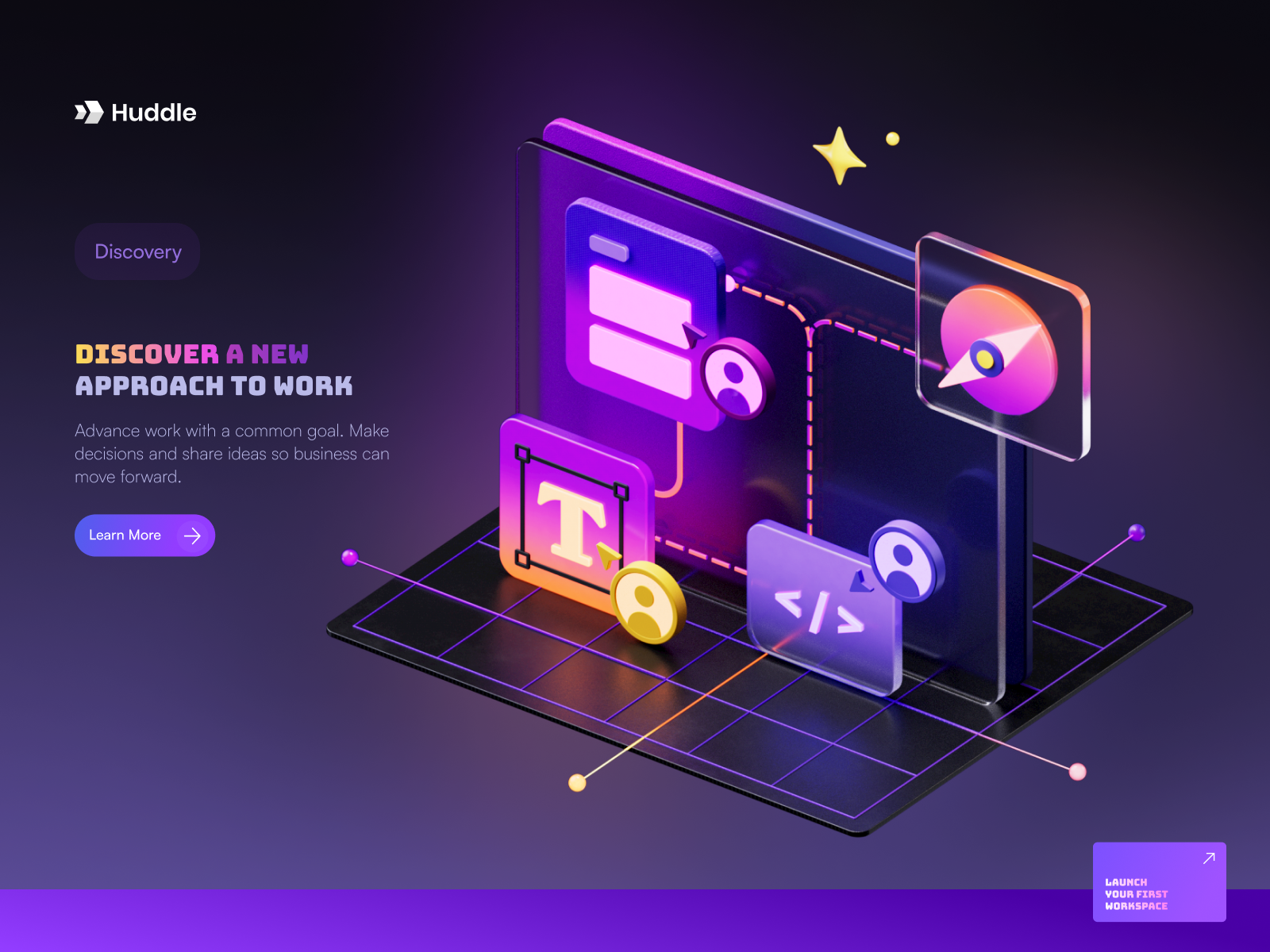 Huddle website illustration - 01 Discovery 3d 3d illustration branding c4d icons illustration ui vikiiing website