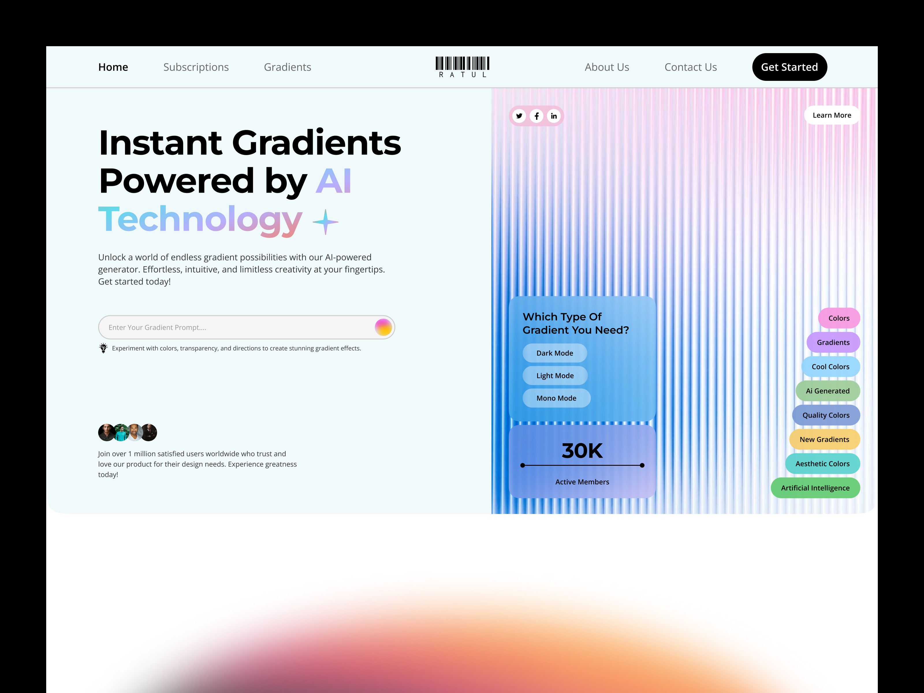 UI/UX For Ai Gradient Generator Website Design ai design tools ai gradient generator color palette generator creative dashboard digital art ui figma ui futuristic ui gradient trends gradient ui interactive ui minimal ui modern ux product design saas uiux smooth gradients ui motion design uiux design user interface design web app ui web design inspiration