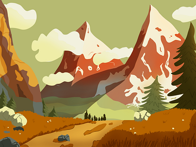 Serene Mountain Landscape Illustration calm clean design green nature peaks pines visual storytelling