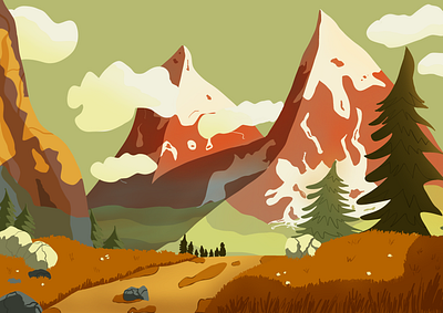 Serene Mountain Landscape Illustration calm clean design green nature peaks pines visual storytelling