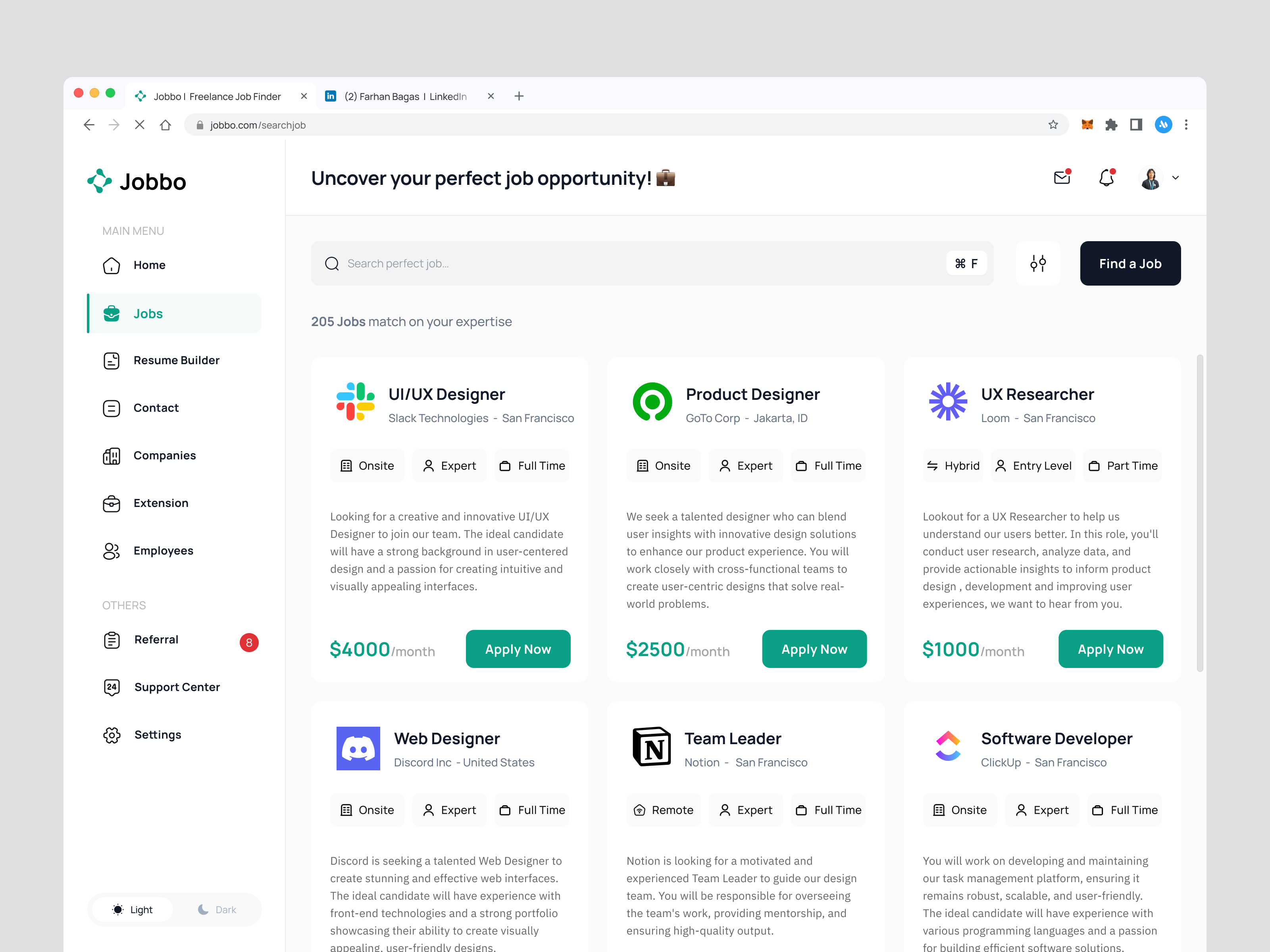 Jobbo - Job Finder Platform applicant summary freelance full time job job app job catagories job finder job hunt job market job platform job search linkedin part time product design reqruitment resume saas ui ui design upwork
