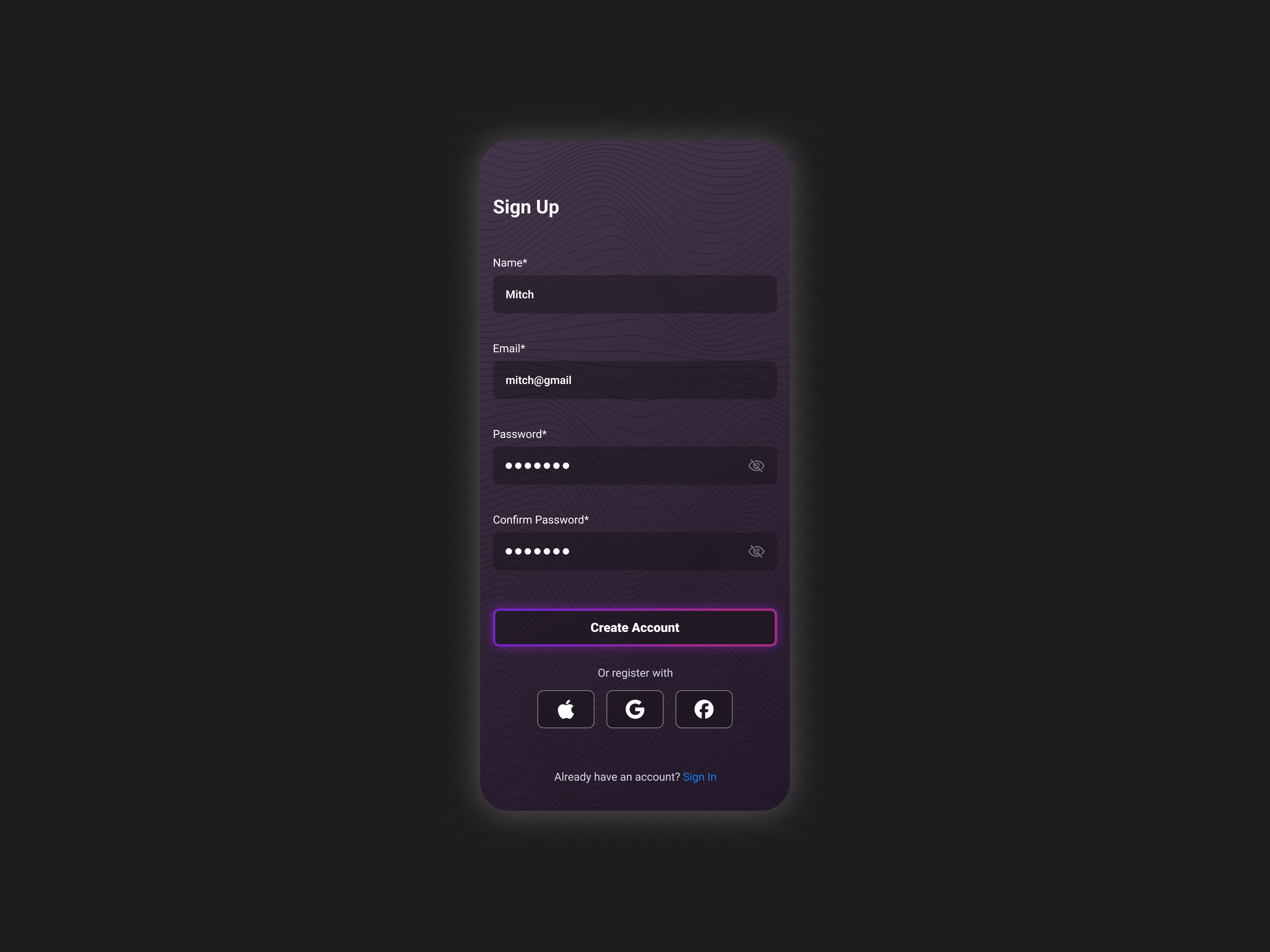 #DailyUI 001 - Sign Up app create account dailyui design mobile password pattern purple sign up ui ux