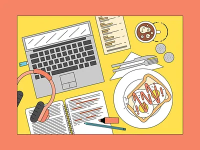 Remote work apple cafe coffee commercial illustrator computer eggs eggs on toast flat lay headphones hot sauce illustration laptop remote work restaurant small business vector vector illustrator working from home