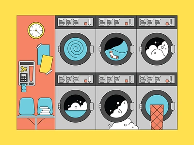 The laundry clothes illustration illustrator laundromat laundromatte laundry scene small business soap suds vector vector illustration washing machine