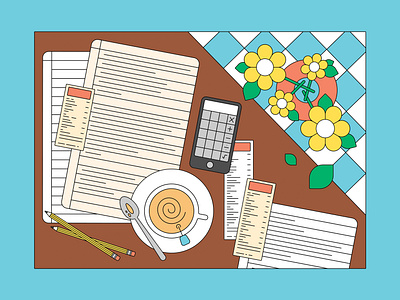 Working from home dining room table flat lay flowers home office illustration illustrator paperwork receipts taxes tea vase vector vector illustration work work from home