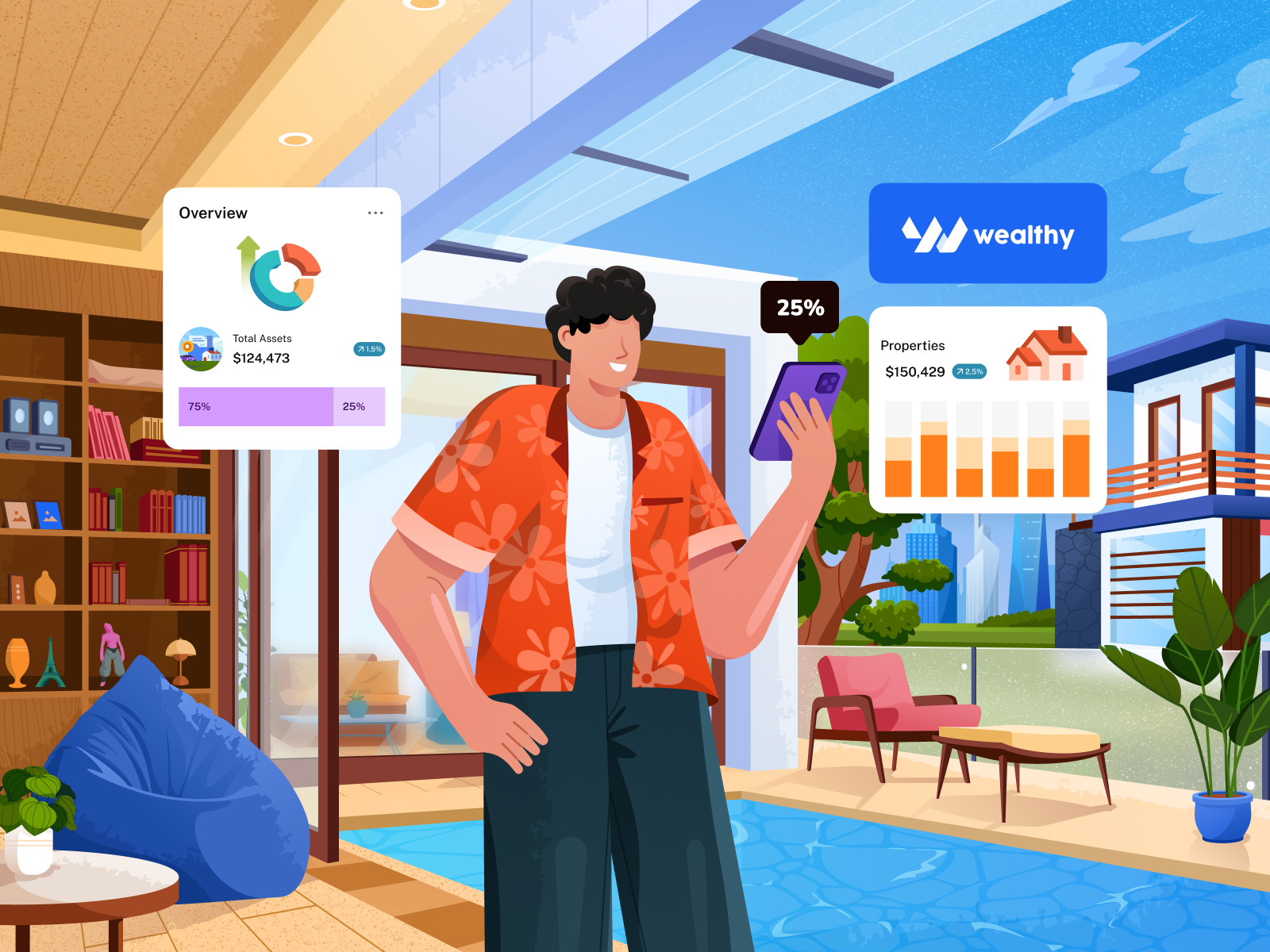 Wealthy - Asset Management Dashboard Illustration 🏠 asset branding design graph home illustration library management orely pool property real estate sky vibrant young