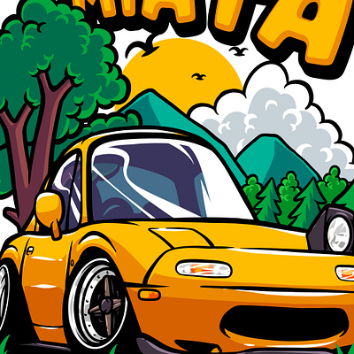 Cartoon Yellow Miata T-Shirt Design Illustration artwork automotive car cartoon chibi cute design drift illustration japan japanese jdm landscape mazda miata mx5 race stance tshirt vehicle