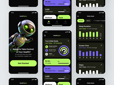 AI Tracker App Design Exploration ai artificial intelligence assistant bento box blockchain chatbot colorful dark design fitness app generate habit tracker health health app metaverse mobile modern tracker ui ux