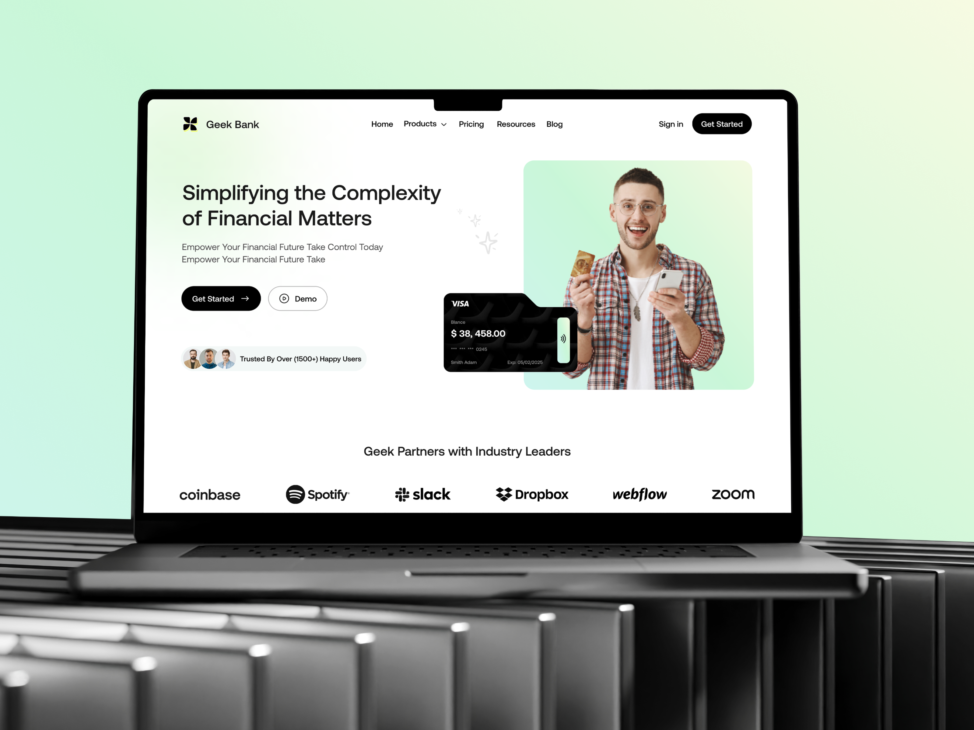 Geek Bank - Fintech Landing Page animation brand branding corporate bank design consultancy fintech fintech mobile app design graphic design landing page logo mobile app design motion design motion graphics website design