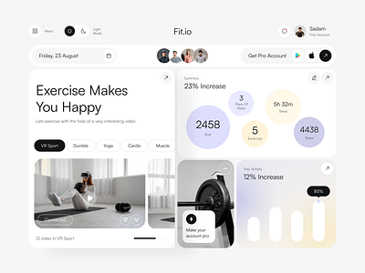 Fit.io - Fitness Dashboard app design fitness fitness dashboard health health tracking interface minimal monitoring product ui ux vr web web design workout
