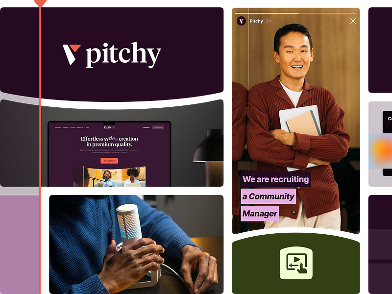 Pitchy Branding animation art direction bento brand identity branding colors cursor design editing features graphic design icons logo motion graphics print product skeleton templates timeline videos