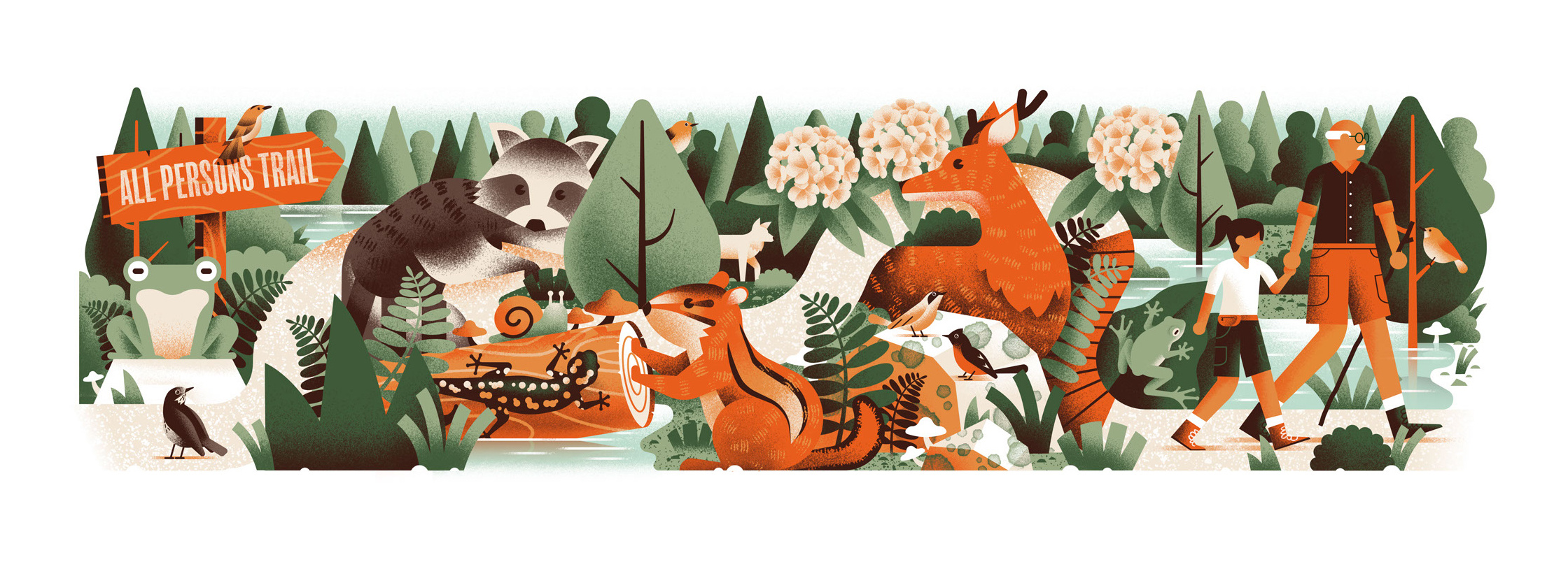 Trails for All animals birds chipmunk daniele simonelli deer dsgn editorial illustration flowers illustration nature racoon texture trail vector