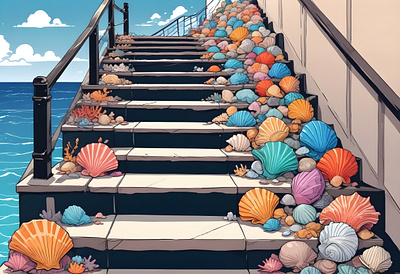 Stairway to echoes colour design geometry graphic design illustration landscape sea seashells shape stairs typography