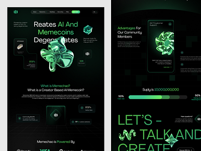 🔨Redesign - Memechao Landing Page coin convert coin crypto crypto landing page cta dark mode finance futuristic style glass effect green header landing page memechao morph section ui web web design