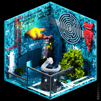 VoxStories #18 - Deceiver 3d 3d art concept art cyberpunk cyborg digital art diorama dystopia eden environment art game art garden iso isometric snake ui ux voxel