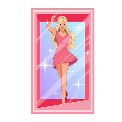 Pretty Barbie in package barbie beautiful body cartoon character cute doll dress flirting illustration package pink skirt toy vector walking woman