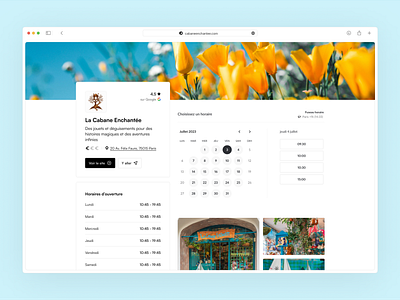 Shop Booking Page calendar design header hours images minimalist picker product profile saas shop ui ux website white