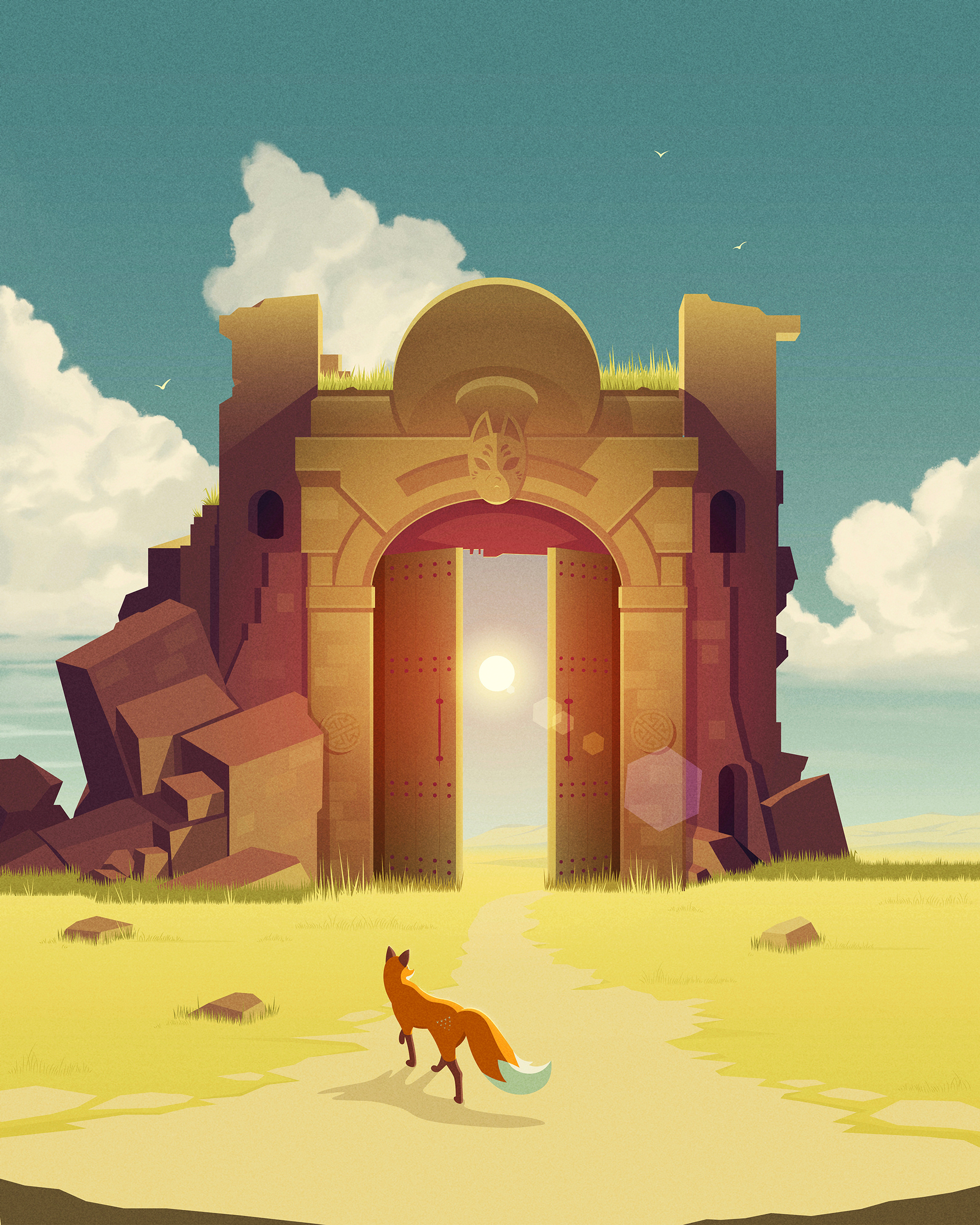 Quinn the Fox & The Temple of the Sun illustration animals anime art asian art character design color colour cute environment fields fox gaming illustration japanese landscape nature studio ghibli sun vector zelda