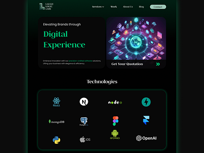 Modern Website UI app black dark design digital experience figma green hero home page ios landing page ml modern neon services tech stack technology page ui web website