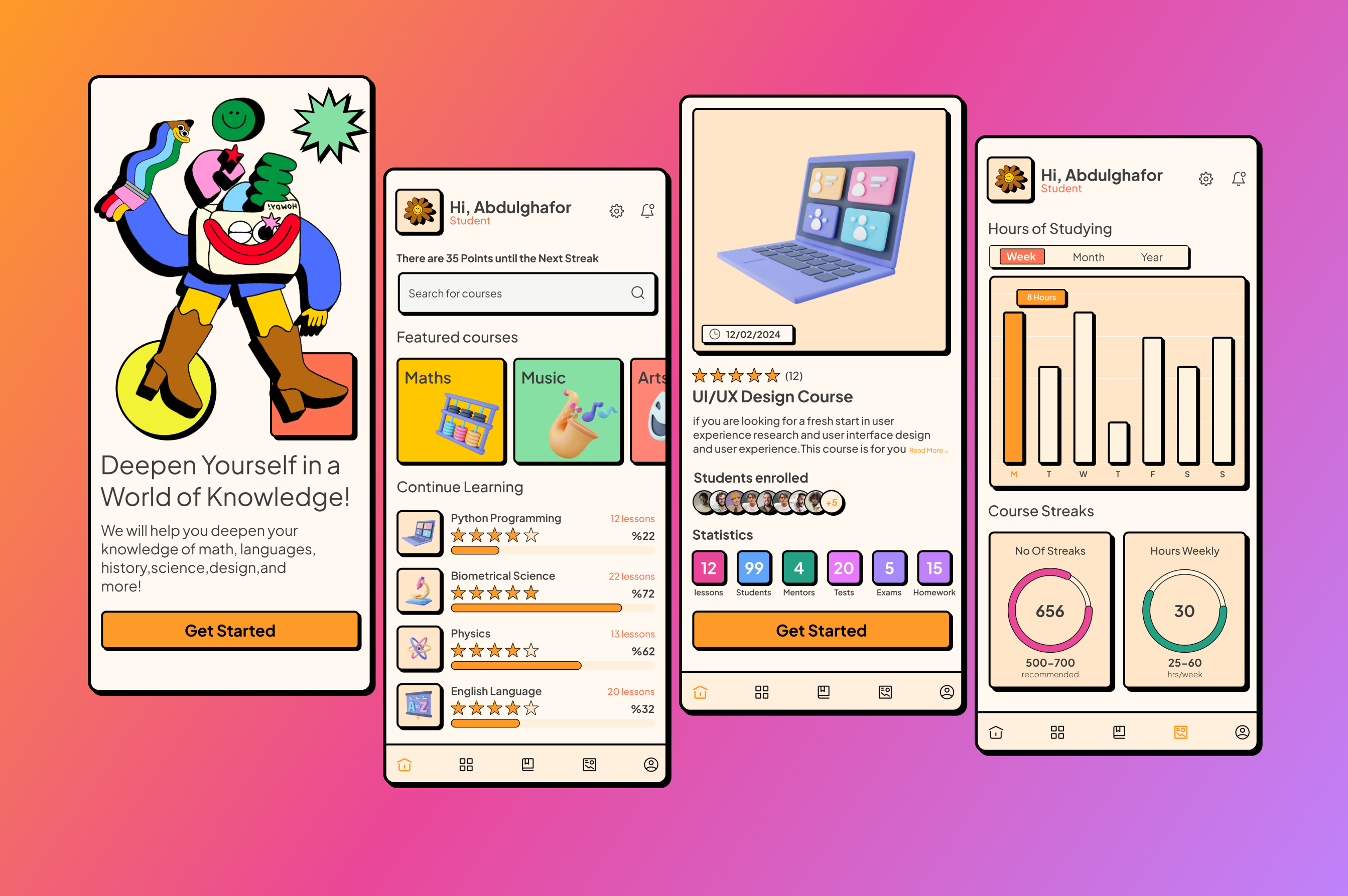 Neu brutalism Education Mobile App UI Design 2024 app flat illustration minimal mobile neu brutalism trend trending ui ux