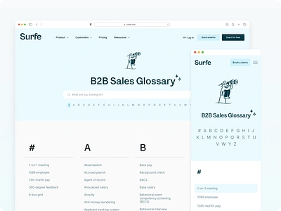 Glossary - Surfe UI branding desktop dictionary glossary landing page minimalist mobile mock up product product design responsive setup tech ux ui workspace