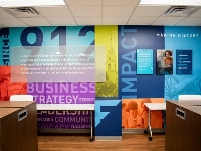 Frederick Chamber Environmental Branding bold branding business canvas chamber colorful commerce community design environmental graphics grid impact layers office overlay signage space vibrant wall