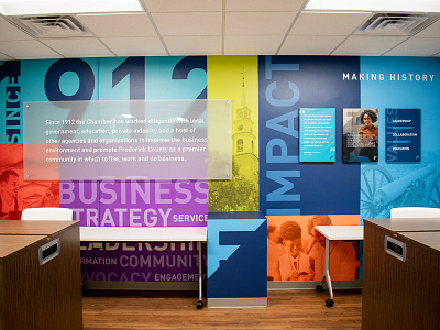 Frederick Chamber Environmental Branding bold branding business canvas chamber colorful commerce community design environmental graphics grid impact layers office overlay signage space vibrant wall