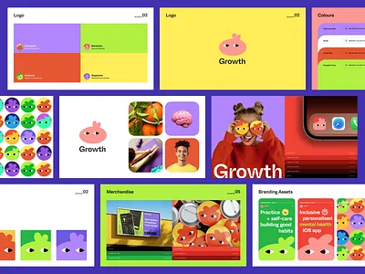 Growth: Mental Health App & Brand Identity Exploration abstract app design brand guidelines brand identity brandbook branding colorful design system emoji graphic design habit tracker icon illustration instagram logo mental health mobile app social media ui design ux design