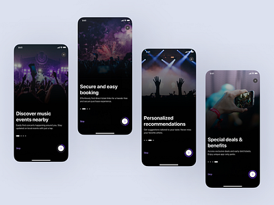 Concert event mobile app - onboarding app clean concert concert app dark mode design event festival mobile mobile app mobile app design music music event app onboarding screen ui ux