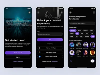 Concert event mobile app - registration app artists concert design event festival get started login mobile mobile app mobile app design music music genres onboarding registration sign up ui ui design ux