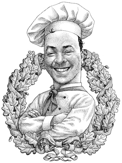 Sergey black and white caricature chef engraving illustration portrait scratchboard woodcut