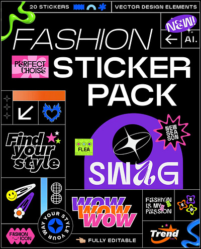Fashionista Sticker Pack – 20 Pieces asset assets design dirtybarn fashion graphic design illustration mockup psd sticker sticker pack template vector