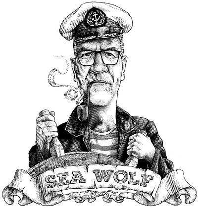 Sea wolf black and white captain caricature engraving illustration portrait sailor scratchboard woodcut