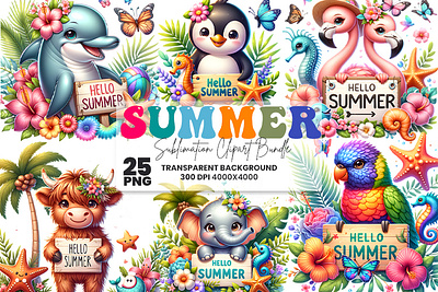 Summer Beach Sublimation designs, Summer Clipart PNG Bundle printable crafts tropical svg