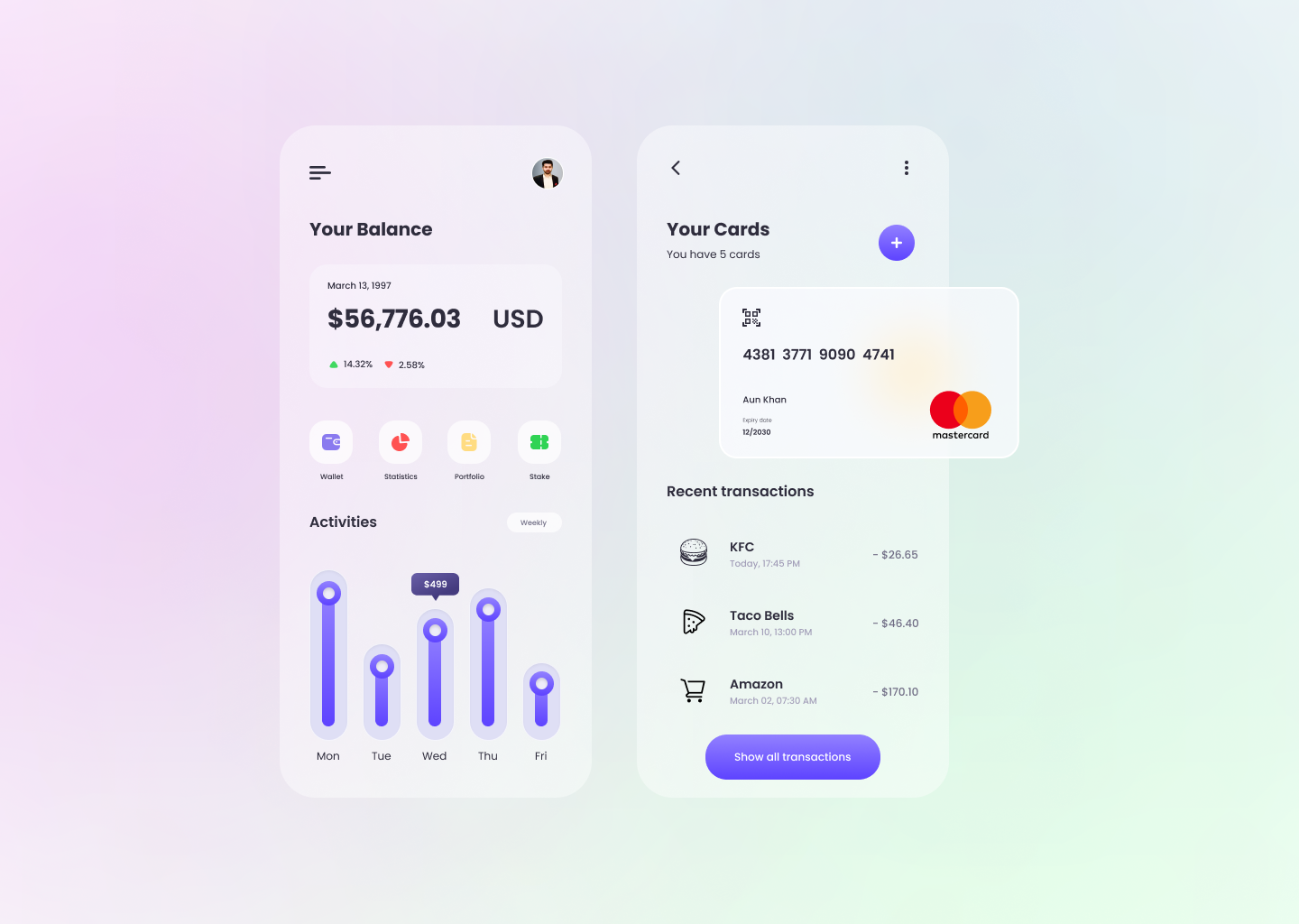 Mobile Wallet App Design by Aun Khan on Dribbble